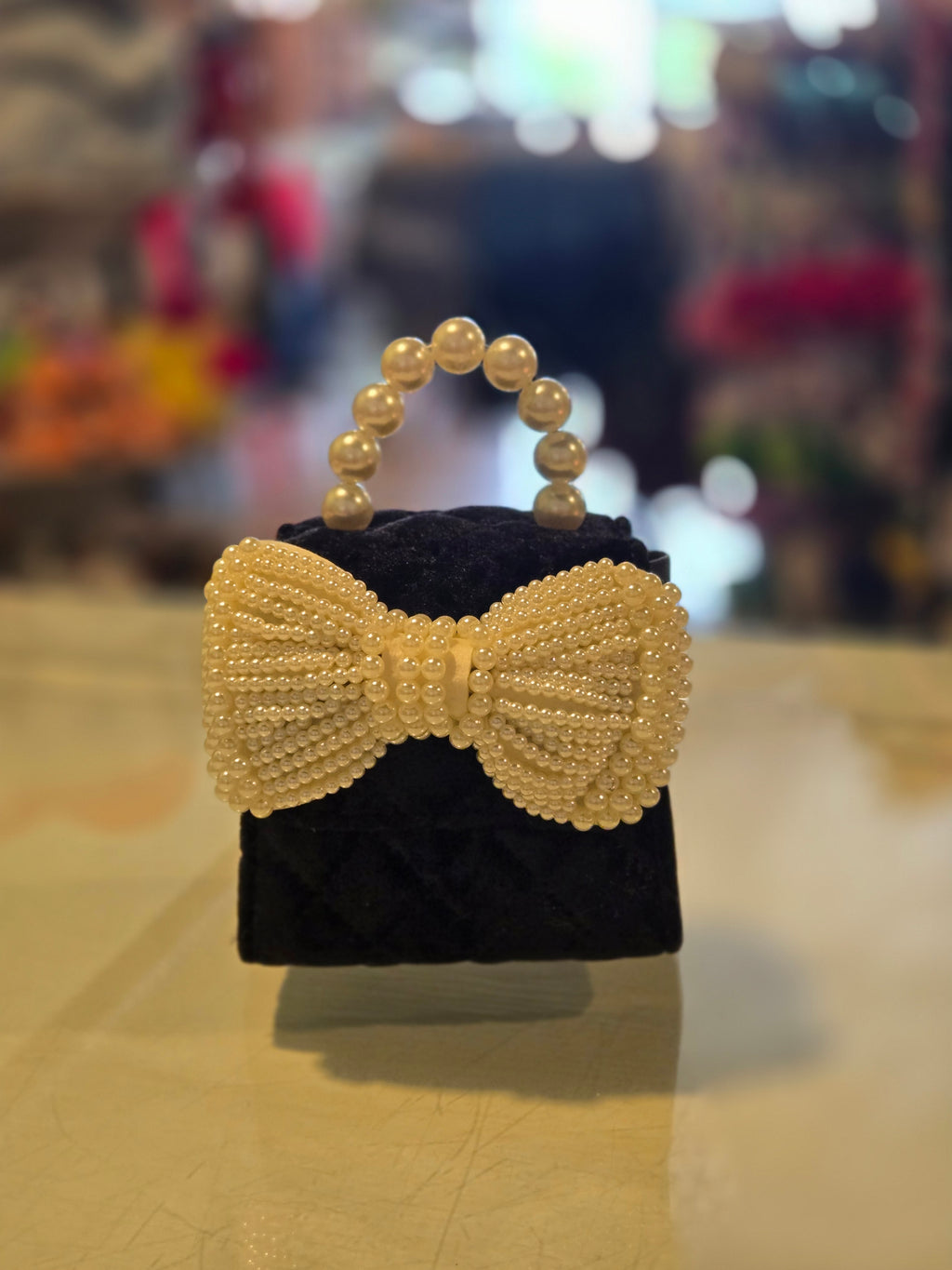 Quilted Velvet Purse with Pearl Bow & Handle