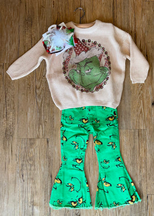 Denim Grinch Bell Bottoms